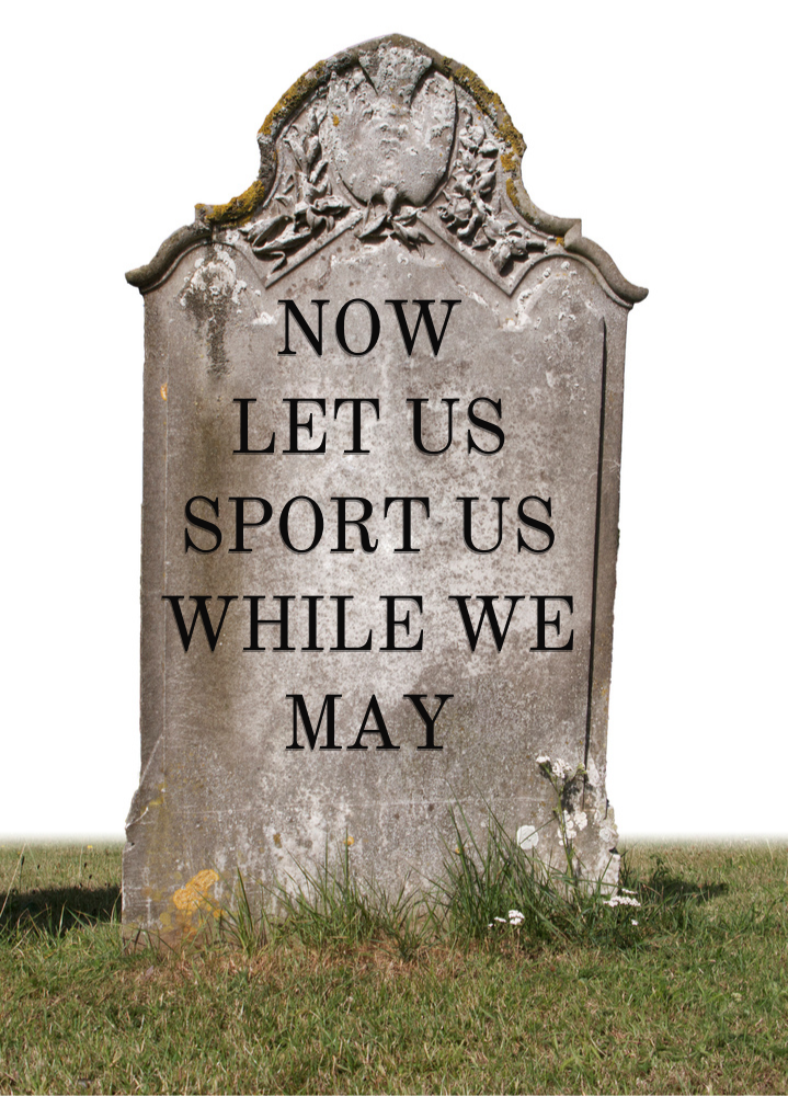 grave stone with "Now let us sport us while we may" printed on it